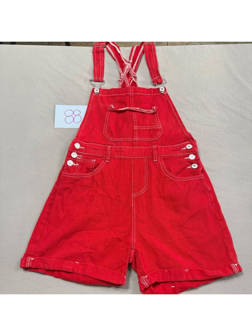 Jeans Red Short Overalls with Character Print Pockets Size S